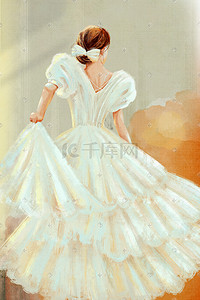 白雪的公主插画图片_暖色系阳光油画白裙女