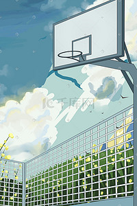 篮球篮球场插画图片_小清新学校篮球场操场校园唯美场景