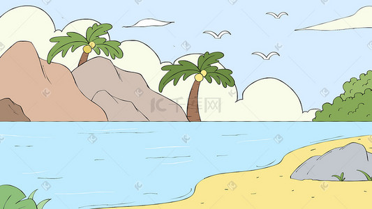 海鸥.椰树插画图片_卡通海边椰子树风景