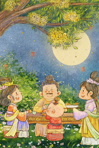 中秋节中秋之古风一家赏月中秋