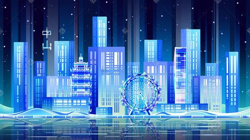 扁平中山地标蓝色荧光渐变卡通都市插画城市建筑地标