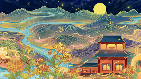 菊花枸杞插画图片_中秋节中秋古风建筑菊花中秋山水星空场景