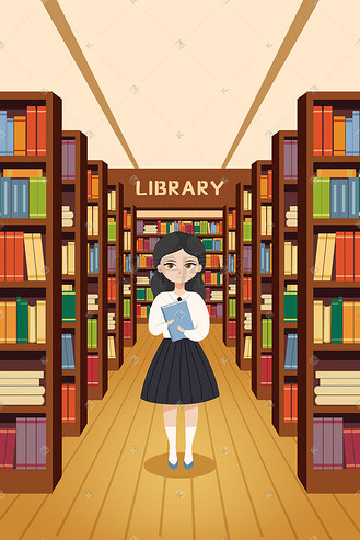 教育学习学校图书馆女孩拿书插画场景