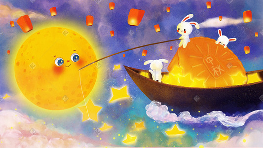 月海插画图片_中秋中秋节圆月兔子可爱童话治愈插画背景