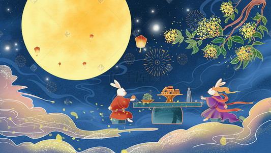星空插画图片_中秋节中秋兔子赏月古风兔子桂花星空