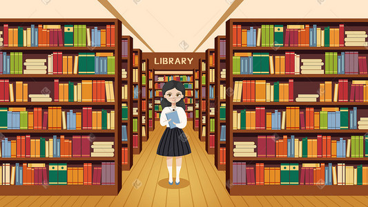 教育学习学校图书馆女孩拿书插画场景
