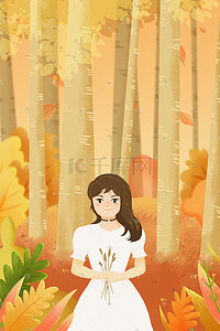 秋的背景插画图片_秋天拿花的女孩子