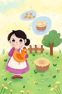 大母鸡小母鸡插画图片_童话故事儿童插画农妇与母鸡