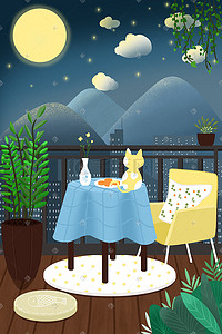 夜景桌子插画图片_中秋节赏月吃月饼看夜景扁平风