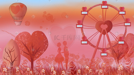 爱心热气球插画图片_粉色爱情弥漫在摩天轮热气球中
