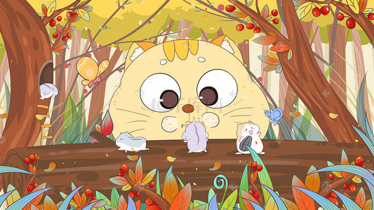 老鼠跳高跑步插画图片_秋天秋分浆果树从可爱猫抓蝴蝶老鼠儿童绘本