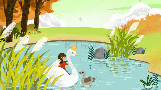 白露节气秋天芦苇丛中女孩坐天鹅背上嬉戏图