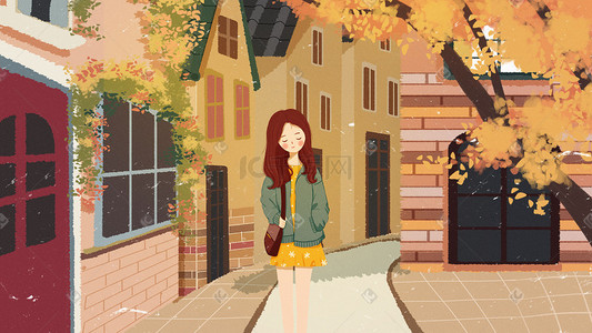 散步女孩插画图片_秋分秋风傍晚街头散步
