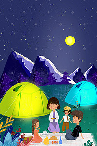 饼图饼图插画图片_中秋节秋天露营一家人吃月饼图