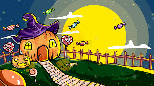 棒棒糖卡通插画图片_万圣节卡通手绘南瓜月亮可爱插画