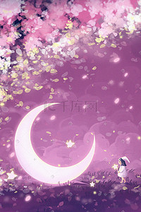 花朵月亮插画图片_唯美治愈梦幻森林树林月亮与女孩插画花朵花