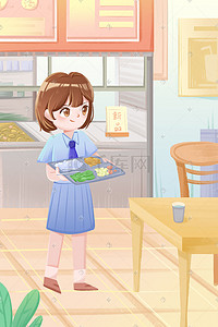 线稿吃饭插画图片_食堂学生吃饭人物学校场景插画
