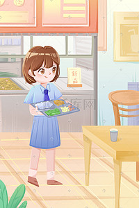 食堂学生吃饭人物学校场景插画