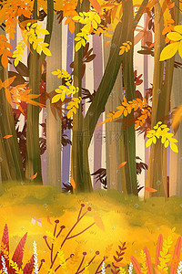 秋天秋季的枫叶林风景插画