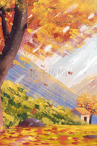 秋季唯美风景插画图片_秋天秋季唯美风景枫叶油画房屋风景