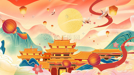 睡衣大图插画图片_中秋国庆唯美国潮风大场景