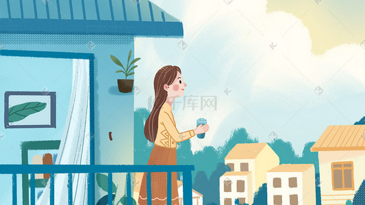 寒露植物插画图片_蓝色二十四节气之寒露女孩在阳台喝秋茶插画