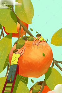 采摘油桃插画图片_霜降柿子叶子采摘人物植物