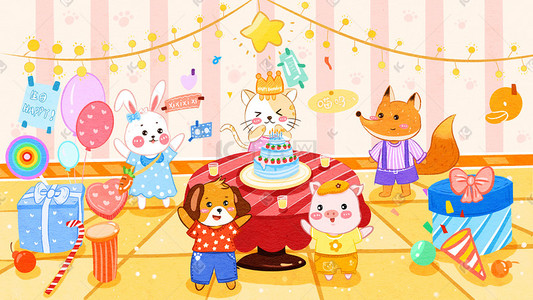 生日会游戏背景插画图片_动物生日会猫咪小狗狐狸猪兔子欢快蛋糕礼物