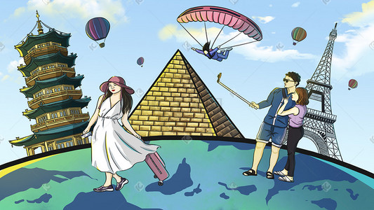 跳伞伞兵插画图片_世界旅游日假期旅行游玩