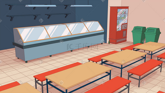 餐桌餐桌插画图片_学校建筑食堂餐桌场景