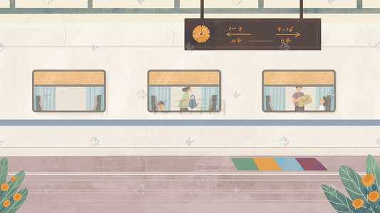 线性火车插画图片_车站旅行回家出游长假动车火车乘客场景