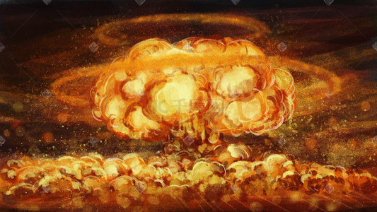 冲击波爆炸插画图片_ 核试验国际日之沙漠蘑菇云水彩画风