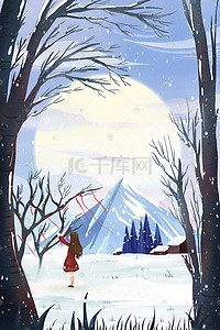 四季冬日长发女孩雪地里挂红绳许愿唯美插画