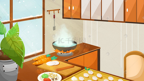 家居生活场景厨房卡通背景素材图
