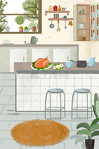 厨房图插画图片_秋季暖色调室内家居生活场景家庭生活配图