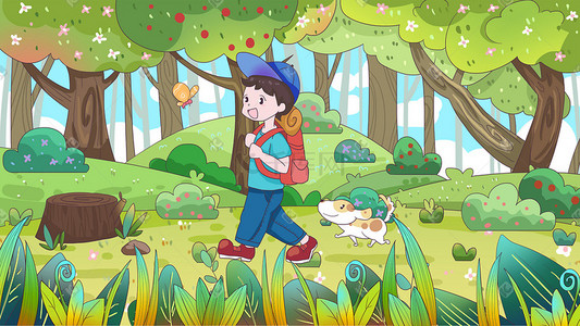 柯基动画插画图片_世界步行日男孩背包和狗徒步旅行