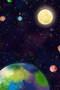 星河月亮插画图片_小清新蓝色星河宇宙星空月亮地球星球夜空