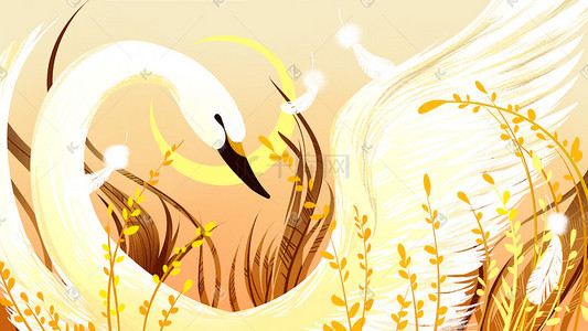 小清新麦子插画图片_小清新秋天唯美天鹅治愈丰收麦子景色