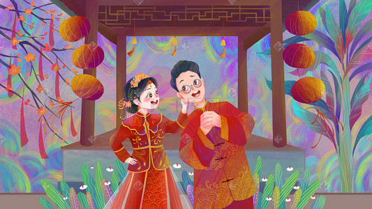 结婚插画图片_婚礼结婚古装俏皮婚纱照手绘插画