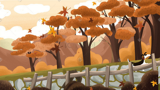 秋天树林唯美插画图片_秋天秋季唯美枫树林登高爬山赏秋景