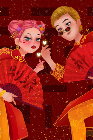 婚礼结婚中式婚礼中国风国潮红色喜庆插画