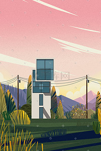 世界建筑日插画图片_世界建筑日秋季粉色天空绿地植物树肌理