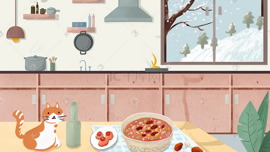 冬季暖色调插画图片_温暖家庭生活厨房一角腊八