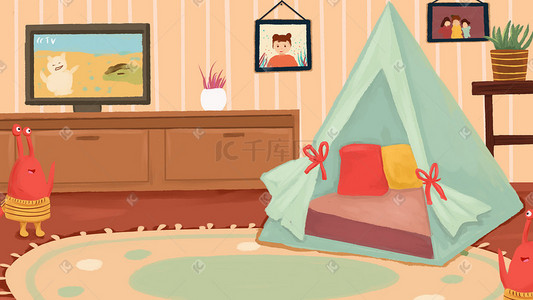 破旧的家具插画图片_温馨室内帐篷手绘家具电视相册治愈场景