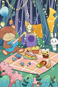 动物野餐插画图片_世界音乐日森林动物夜间音乐节唱歌弹琴