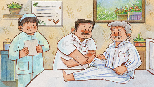 老头住院插画图片_国际关节炎日之住院医生看病