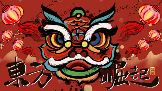 醒狮国潮对联插画-醒狮国潮对联配图-千库网