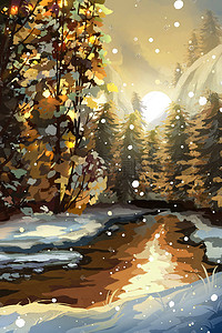 冬季雪花插画图片_冬天冬季树林雪景风景