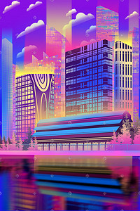 未来科技感城市插画图片_未来城市风景科技感手绘扁平插画