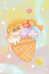 夏天可爱动物插画图片_虎年夏天夏季夏日老虎冰淇淋可爱
